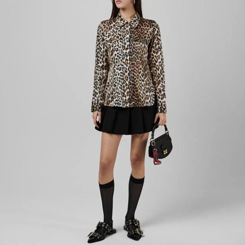 Ganni Shirt Leopard Satin Button Blouse Top Sz XS US 2 34